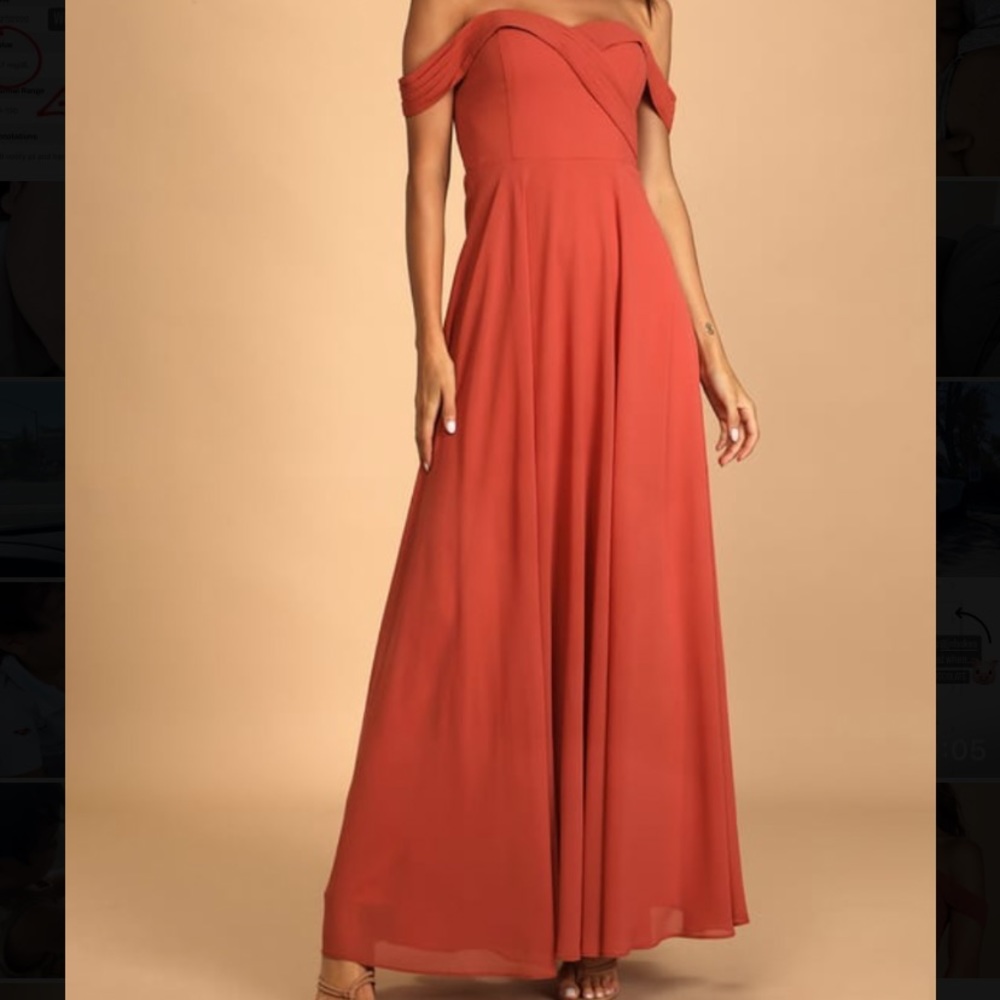 Lulus Romantic Elegance Terra Cotta Off-The-Shoulder Maxi Dress